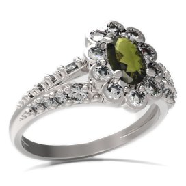 BG prsten s oválným kamenem 517-G Stříbro 925 - rhodium Vltavín a  kubický zirkon