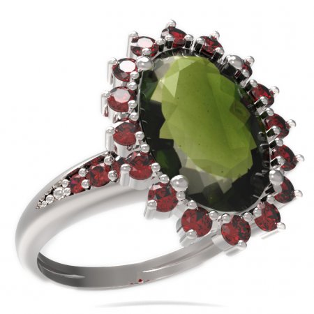 BG prsten oválný kámen 507-J - Kov: Pozlacené stříbro 925, Kámen: Vltavín a granát