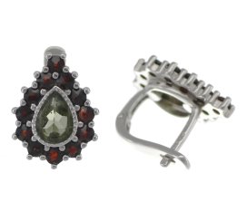 BG náušnice vsazený přírodní granát  106 Stříbro 925 - rhodium Vltavín a granát