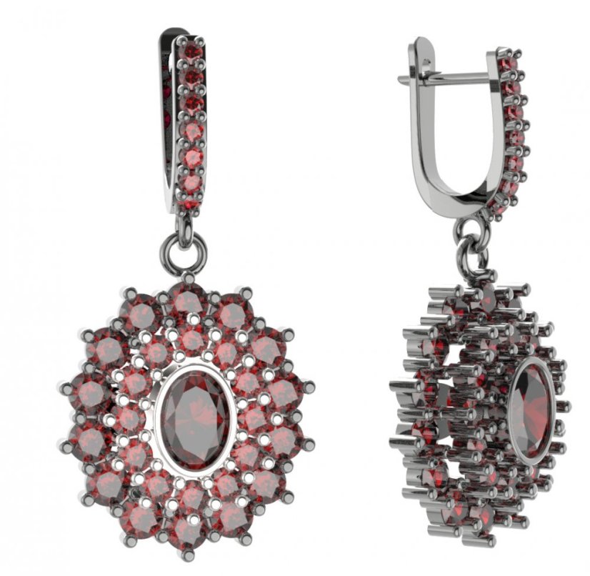 Stříbrné náušnice s českým granátem, ruthenium, visací – 021-84