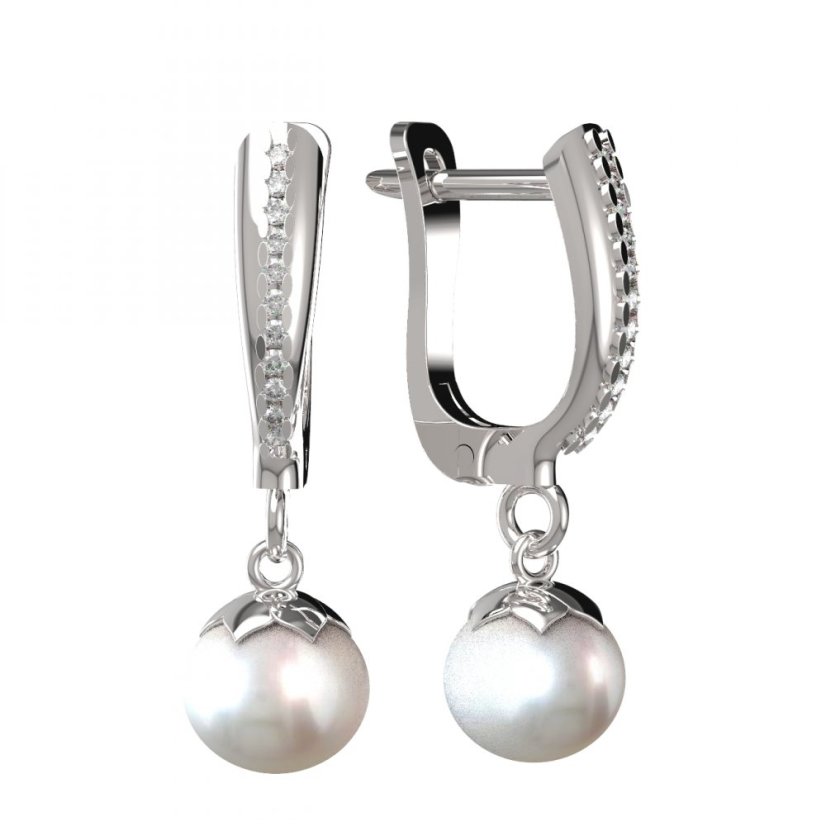 BG zlaté náušnice 561 s bílou perlou Bílé zlato - 585 Diamant a perla
