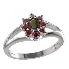 BG prsten s oválným kamenem 627-V Bílé zlato - 585 Vltavín a granát