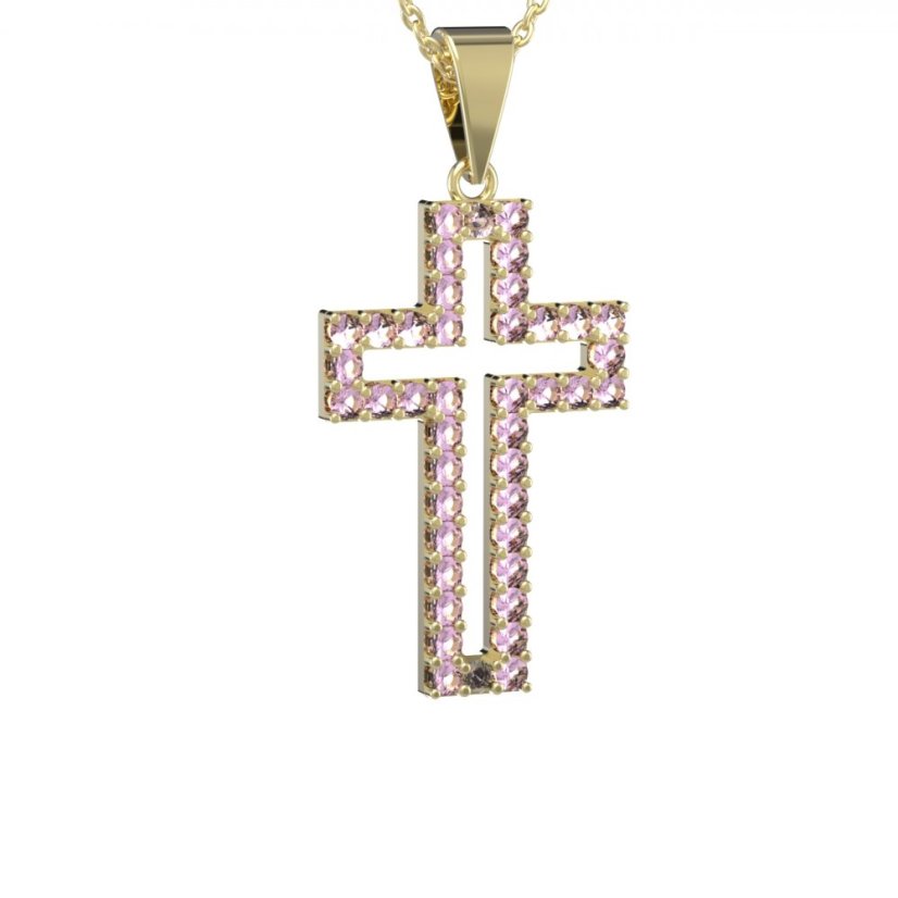 Zlatý přívěsek křížek s růžovým zirkonem, žluté zlato 585 – 238