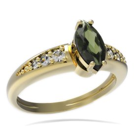 BG prsten oválný kámen 483-J Stříbro 925 - pozlacené Vltavín a  kubický zirkon