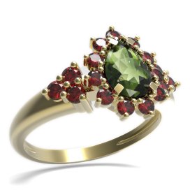 BG prsten s kapkovitým kamenem 509-U Žluté zlato - 585 Vltavín a granát