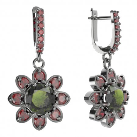 BG oval earring 698-84 - Metal: Silver 925 - rhodium, Stone: Moldavit and garnet