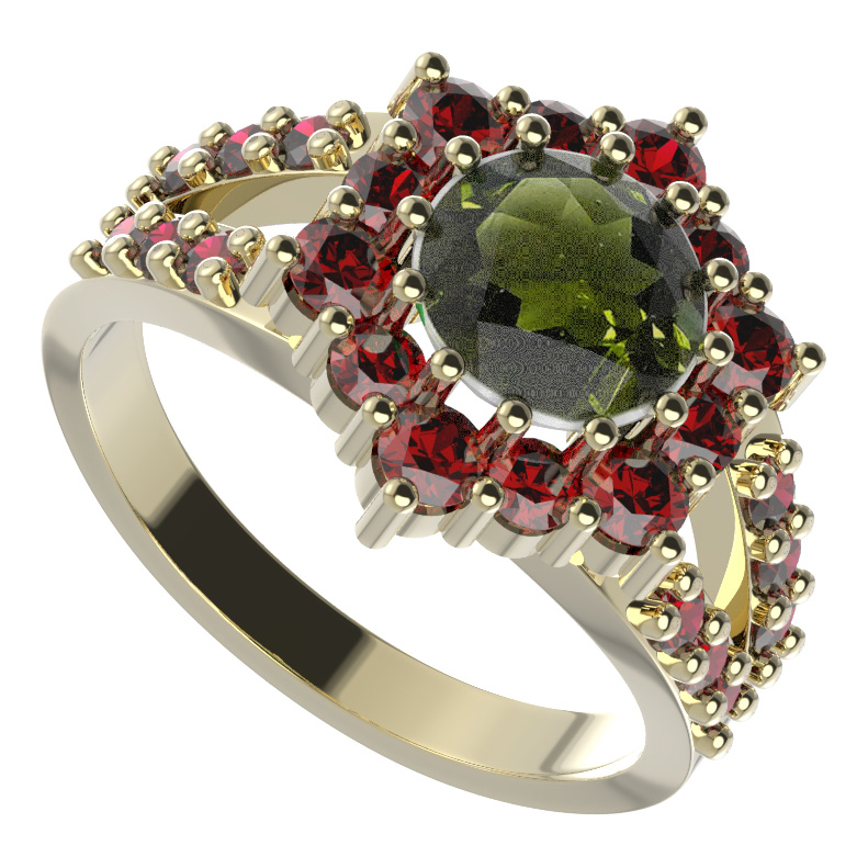 BG prsten kulatý 230-Y Žluté zlato - 585 Vltavín a granát