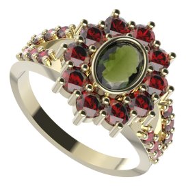 BG prsten oválný 018-Y Žluté zlato - 585 Vltavín a granát