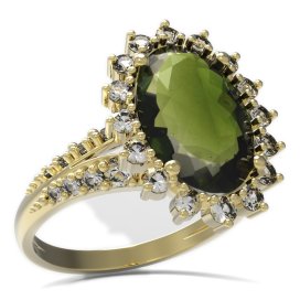 BG prsten s oválným kamenem 507-G Stříbro 925 - pozlacené Vltavín a kubický zirkon