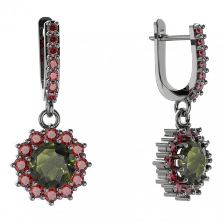 BG circular earring 098-84 - Metal: Silver 925 - ruthenium, Stone: Moldavit and garnet