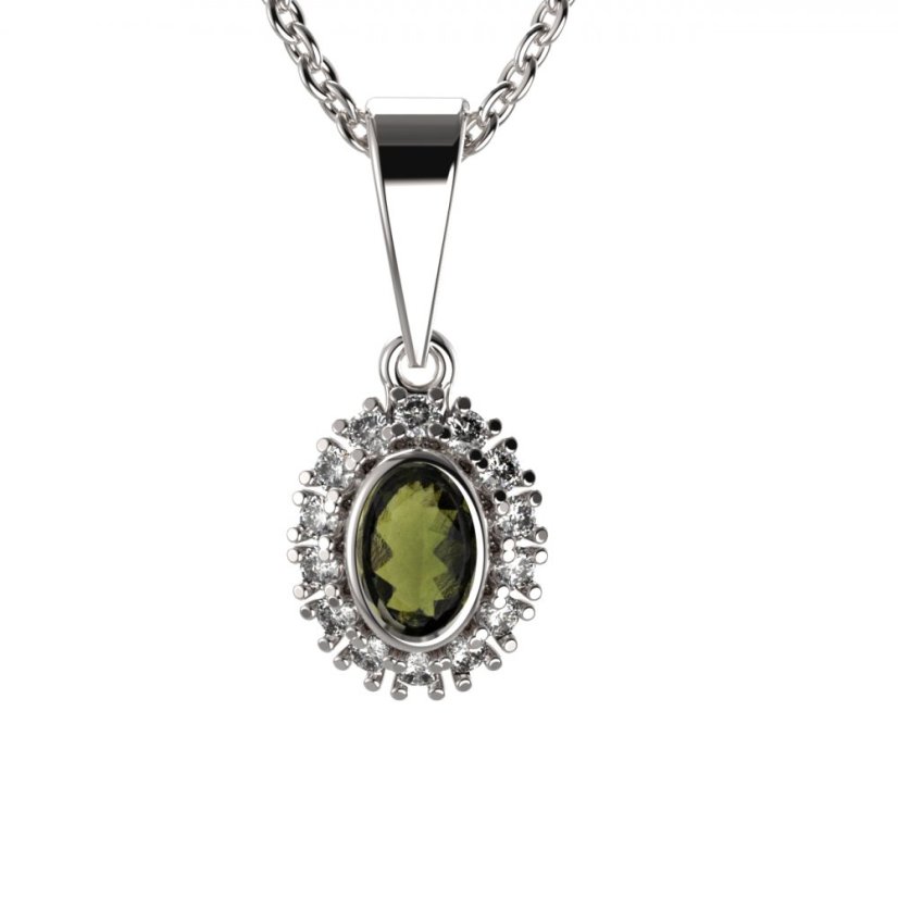 BG přívěs s přírodním granátem a vltavínem 1483 Bílé zlato - 585 Vltavín a diamant