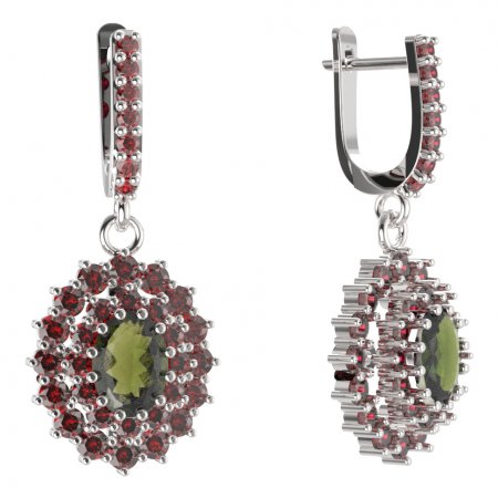 BG oval earring 001-84 - Metal: Silver 925 - rhodium, Stone: Moldavit and garnet