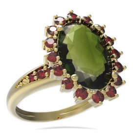 BG prsten oválný kámen 507-J Žluté zlato - 585 Vltavín a granát
