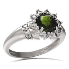 BG prsten kulatý kámen 511-K Stříbro 925 - rhodium Vltavín a  kubický zirkon