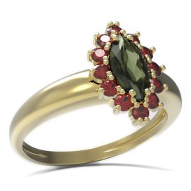 BG prsten s oválným kamenem 504-I Žluté zlato - 585 Vltavín a granát