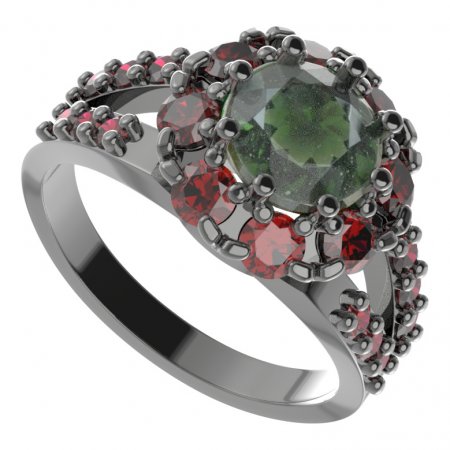 BG prsten kulatý 472-Y - Kov: Stříbro 925 - rhodium, Kámen: Vltavín a granát