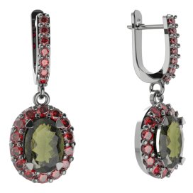 BG  náušnice 728 Stříbro 925 - ruthenium (30-90dní) Vltavín a granát