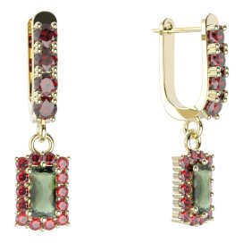 BG obdelníkové náušnice 431-96 Žluté zlato - 585 Vltavín a granát