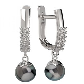 BG zlaté náušnice 561 s černou perlou Bílé zlato - 585 Kubický zirkon a tahiti perla