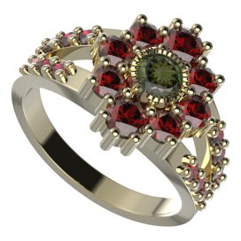 BG prsten kulatý 017-Y Žluté zlato - 585 Vltavín a granát