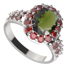 BG prstýnek 728 Stříbro 925 - rhodium Vltavín a granát