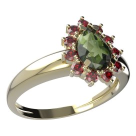 BG prsten s kapkovitým kamenem 509-I Žluté zlato - 585 Vltavín a granát
