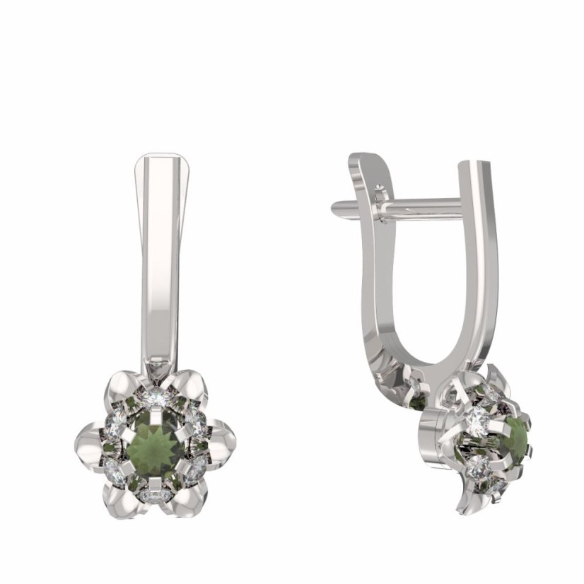 BG vltavínové náušnice 878 Bílé zlato - 585 Vltavín a diamant