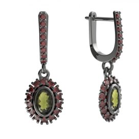 BG náušnice s přírodním granátem a vltavínem 1483 Stříbro 925 - ruthenium (30-90dní) Vltavín a granát