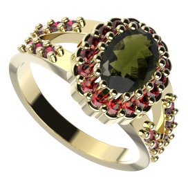 BG prsten oválný 435-Y Žluté zlato - 585 Vltavín a granát