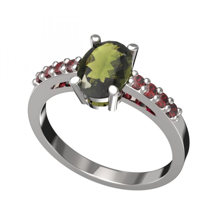 BG prsten přírodní broušený granát   712 Bílé zlato - 585 Vltavín a granát