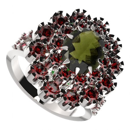 BG prsten oválný 280-Y - Kov: Stříbro 925 - rhodium, Kámen: Vltavín a granát