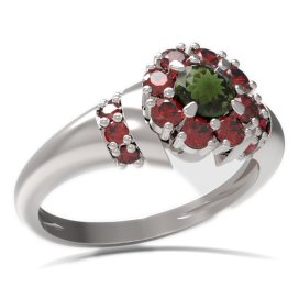 BG prsten kulatý kámen 497-K Stříbro 925 - rhodium Vltavín a granát