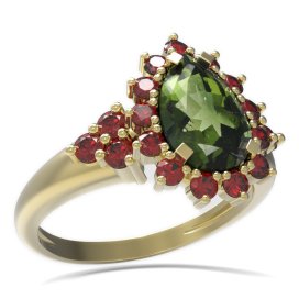 BG prsten s kapkovitým kamenem 505-U Žluté zlato - 585 Vltavín a granát