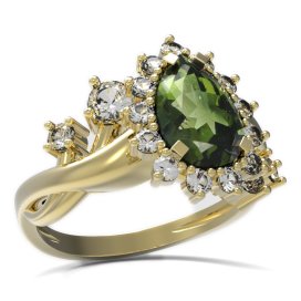 BG prsten s kapkovitým kamenem 505-P Stříbro 925 - pozlacené Vltavín a  kubický zirkon