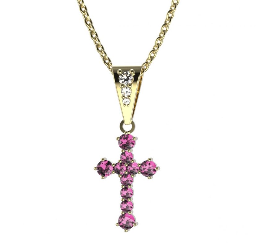 Zlatý přívěsek křížek s růžovým zirkonem, žluté zlato 585 – 256 (ZN342562)