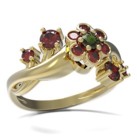 BG prsten s kulatým kamenem 518-P Žluté zlato - 585 Vltavín a granát