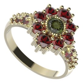 BG prsten 017-X kulatého tvaru Žluté zlato - 585 Vltavín a granát