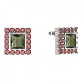 BG náušnice čtverec -  099 Stříbro 925 - rhodium Vltavín a granát