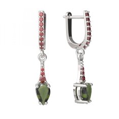 BG náušnice s kapkovitým kamenem 625 Stříbro 925 - rhodium Vltavín a granát