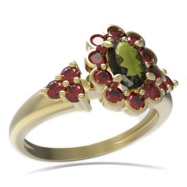 BG prsten s oválným kamenem 517-U Žluté zlato - 585 Vltavín a granát