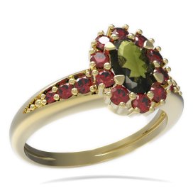 BG prsten oválný kámen 498-J Žluté zlato - 585 Vltavín a granát