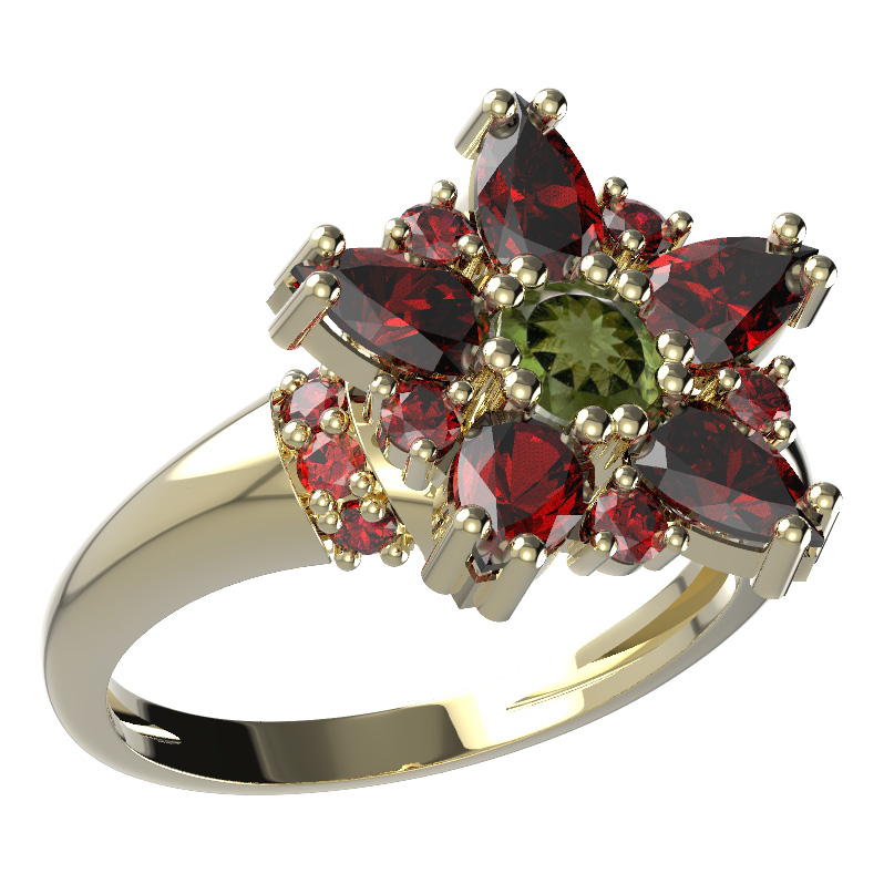 BG prsten ve tvaru hvězdy 521-K Žluté zlato - 585 Vltavín a granát