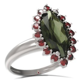 BG prsten s oválným kamenem 513-I Bílé zlato - 585 Vltavín a granát