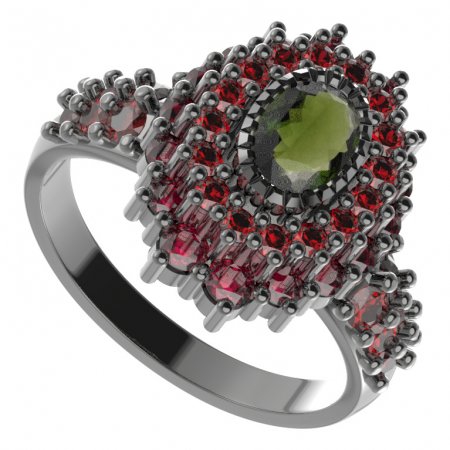 BG prsten 243-X oválného tvaru - Kov: Stříbro 925 - rhodium, Kámen: Vltavín a granát
