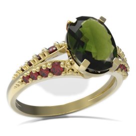 BG prsten s oválným kamenem 493-G Žluté zlato - 585 Vltavín a granát