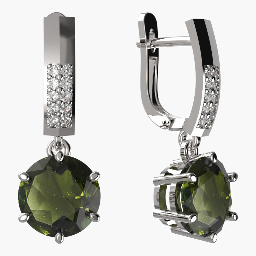 BG vltavínové náušnice 681 Bílé zlato - 585 Vltavín a diamant