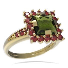 BG prsten čtvercový kámen 499-J Žluté zlato - 585 Vltavín a granát