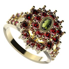 BG prsten oválný 009-Y Žluté zlato - 585 Vltavín a granát