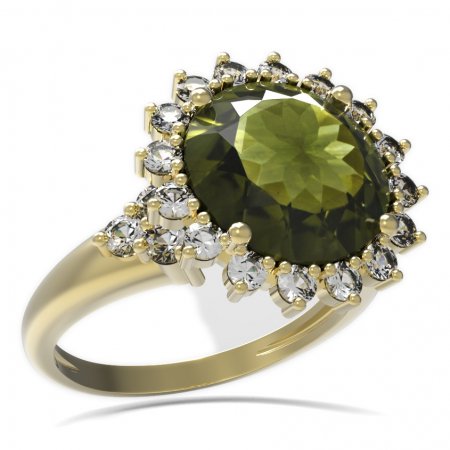 BG prsten s kulatým kamenem 512-U - Kov: Bílé zlato 585, Kámen: Vltavín a  kubický zirkon