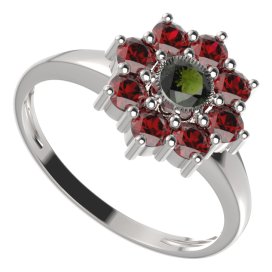 BG prsten kulatý 030-I Bílé zlato - 585 Vltavín a granát